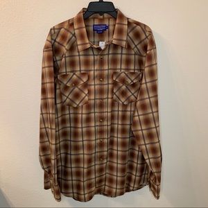 NWT PENDLETON Western Snap Button MEN’s Long Sleeve Shirt Tan/Brown Plaid SZ XL